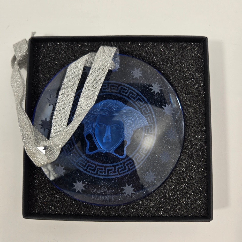 Versace Rosenthal Crystal Medusa Ornament Blue Glass NIB Holiday Decor Box